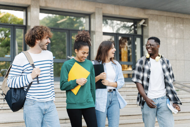 International students outside Canadian university building