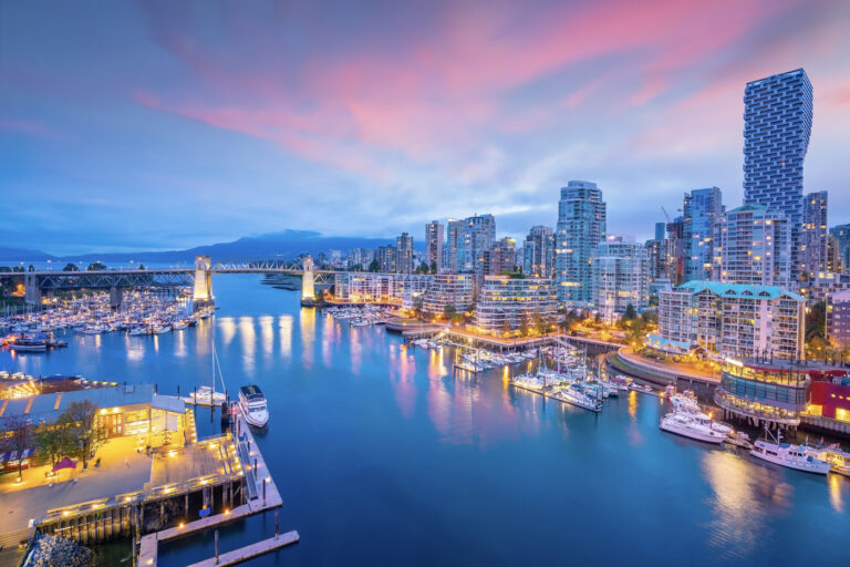 Downtown Vancouver waterfront with marina and city skyline Canada
