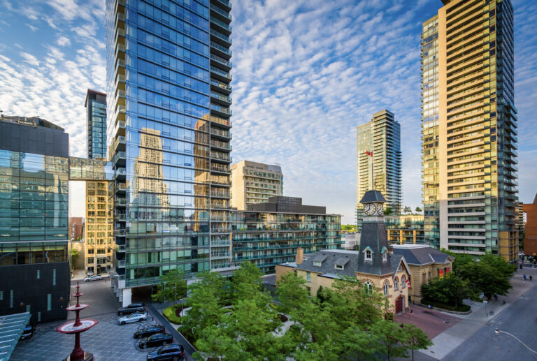Modern Toronto skyline with Canadian immigration centre