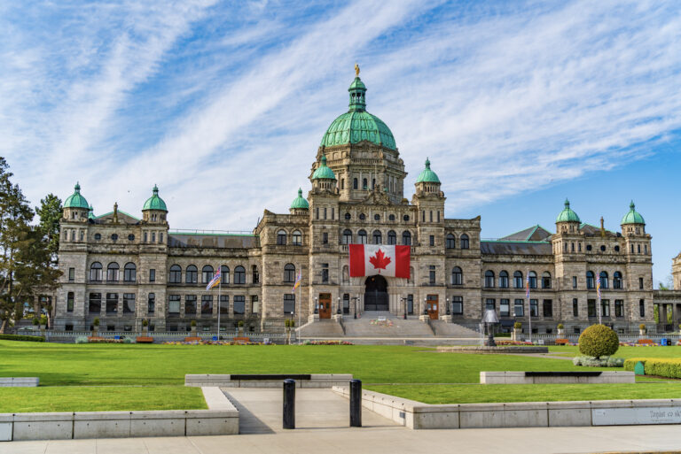 Canadian building with large flag