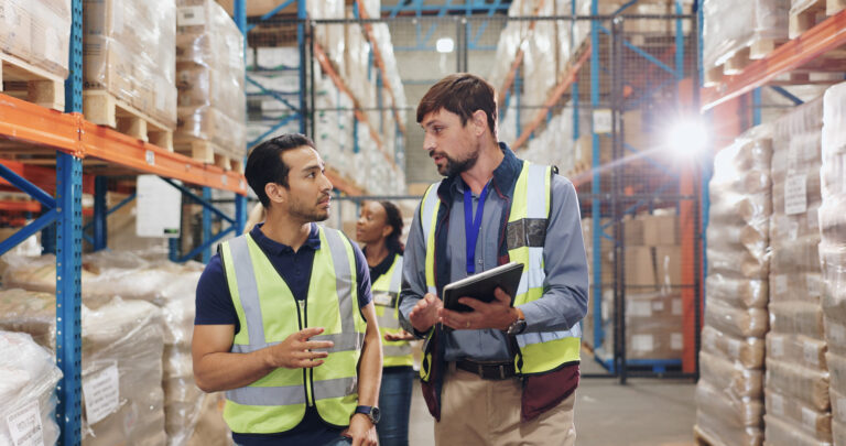 Warehouse team discussing project