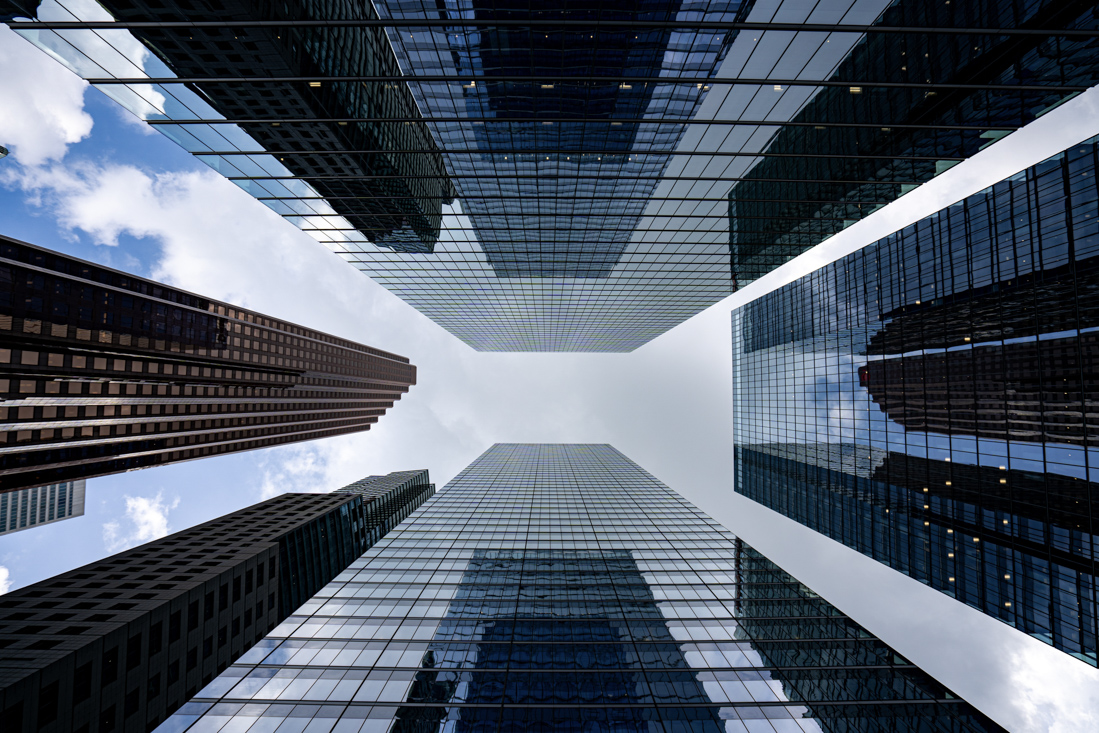Toronto train station with skyscrapers