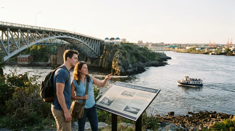 Travellers stand near a border viewpoint overlooking a bridge and river at a Canadian port of entry
