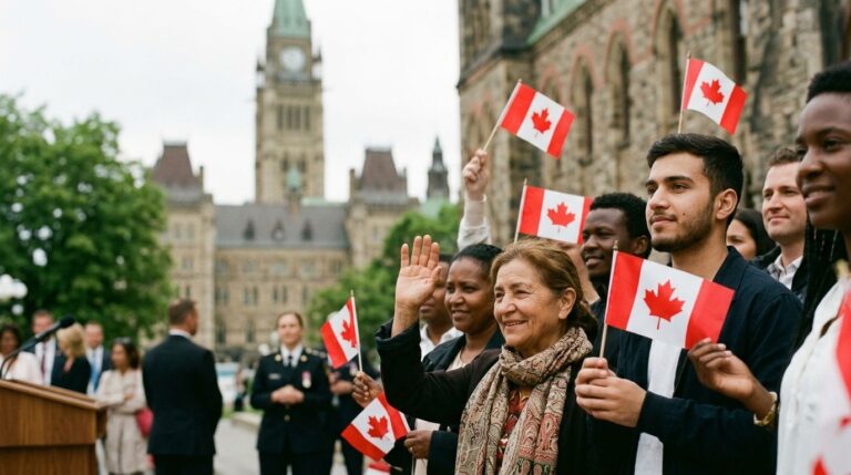 People wave Canadian flags at a citizenship ceremony outside Parliament Hill in Ottawa