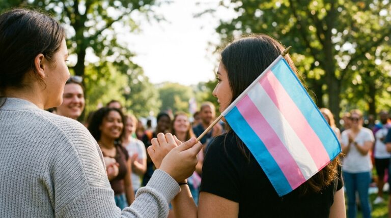 Person holds a transgender flag at an outdoor gathering as IRCC citizenship news draws attention