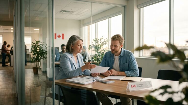 Applicant reviews proof of Canadian citizenship documents with an adviser at a government office