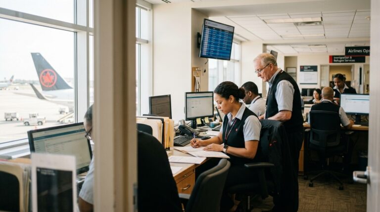 Airport immigration and refugee services staff review documents in an office beside departure gates