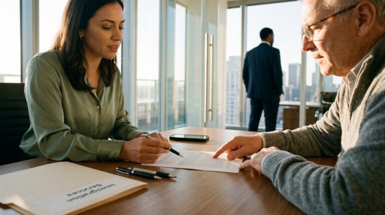 Applicant reviews a work permit document with an immigration adviser at an office desk