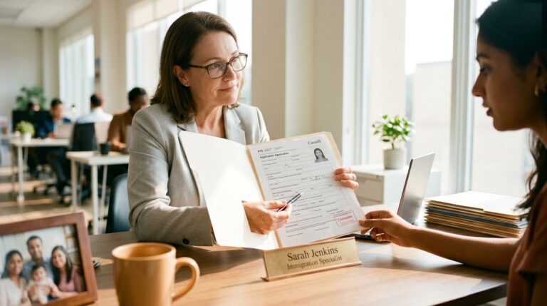 Immigration officer reviews a Canadian citizenship application with a woman at an overseas intake desk