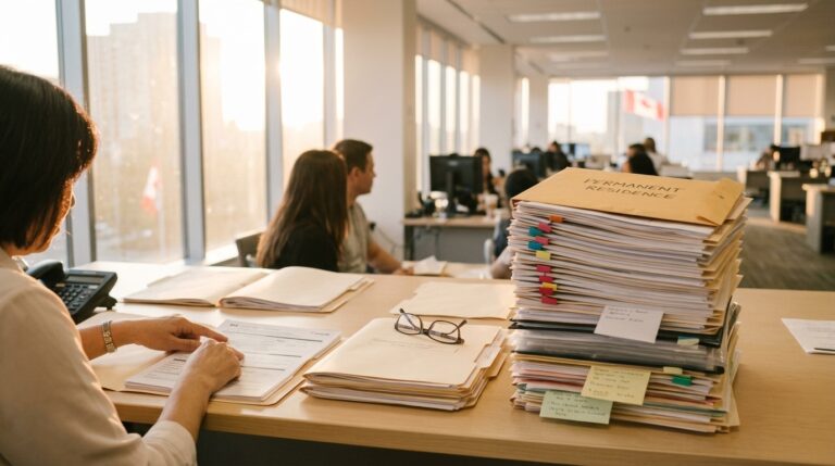 Office worker reviews citizenship files beside a large stack of permanent residence documents in Canada