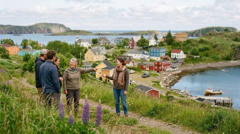 People stand on a hillside overlooking a Newfoundland coastal town in a PNP immigration news illustration