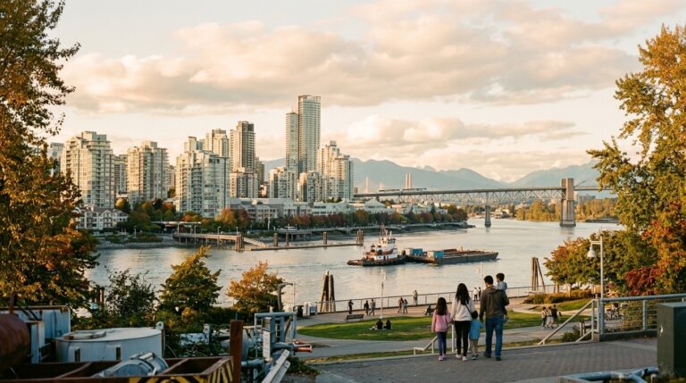 Family walks along Vancouver waterfront with skyline and bridge in a BC PNP news illustration