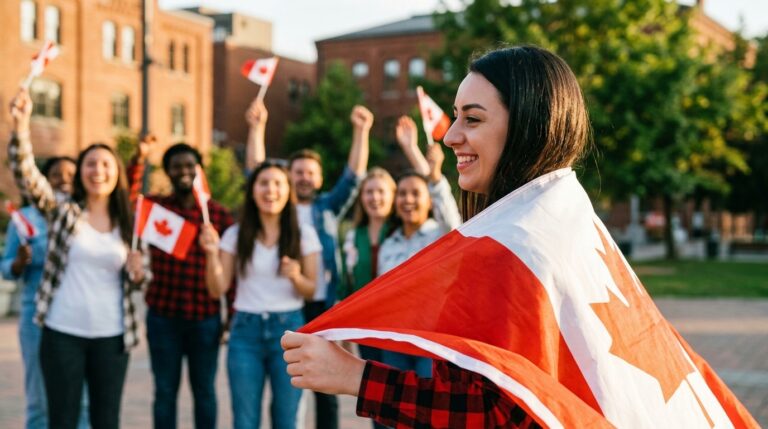 Young adults wave Canadian flags as a woman draped in a Canada flag stands outdoors at a citizenship gathering