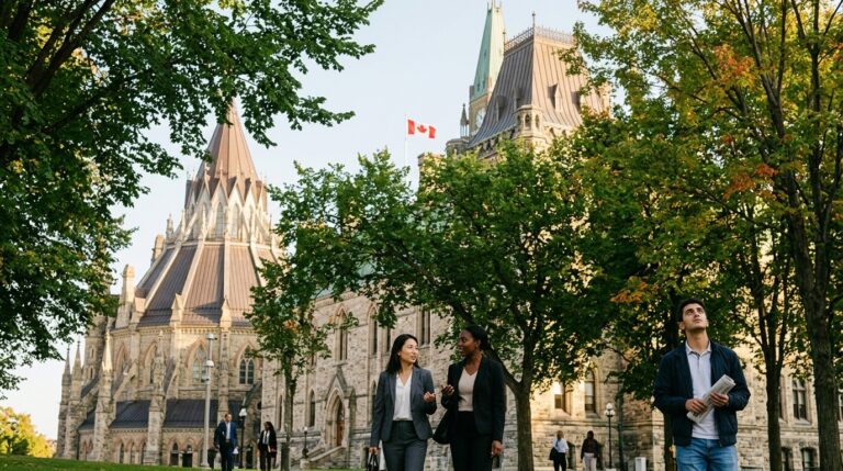 People walk past Parliament Hill buildings as a man holds papers beneath a Canadian flag during IRCC news shift