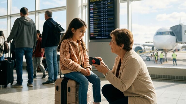 Woman speaks with a child holding a Canadian passport in an airport terminal, depicting a refugee travel scene