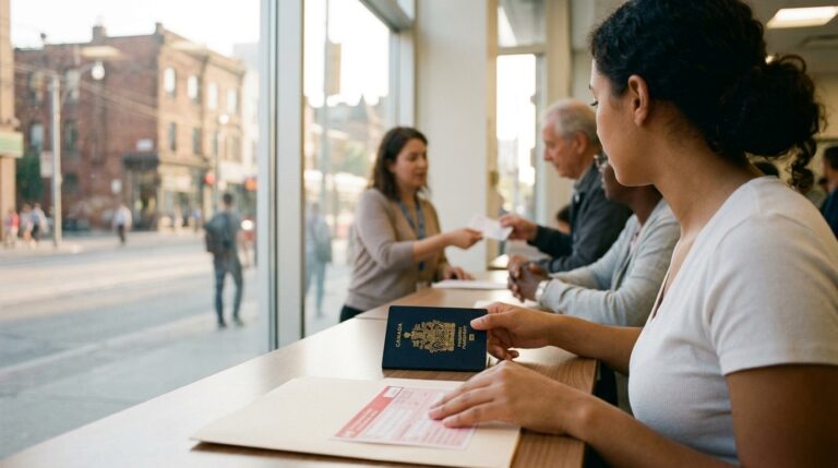 Applicants wait at a service counter with a Canadian passport and citizenship documents in hand