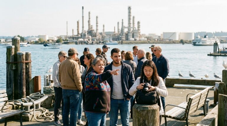 People gather on a Nova Scotia waterfront as Express Entry candidates meet near an industrial harbour