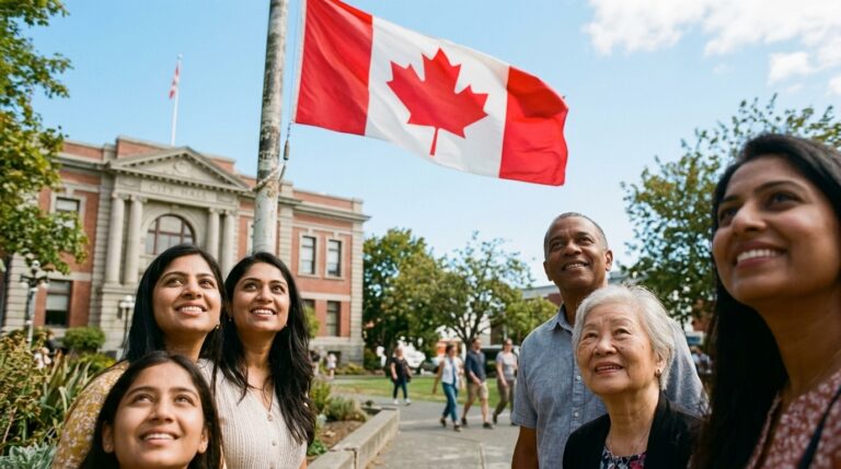 People gather beneath a Canadian flag outside a government building as IRCC updates temporary resident timelines