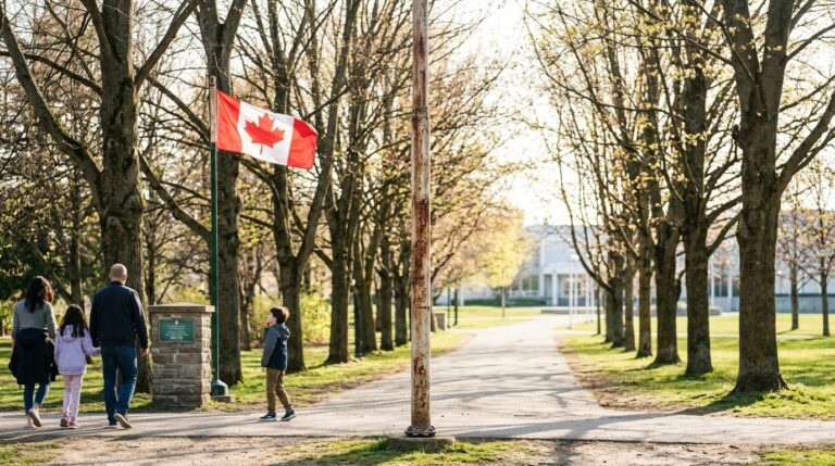 Family walks past a Canadian flag in a park, illustrating Express Entry and immigration news