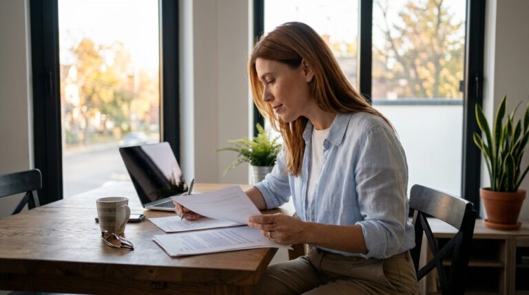 Woman reviews citizenship documents at a table with laptop and pen amid IRCC proof of citizenship delays