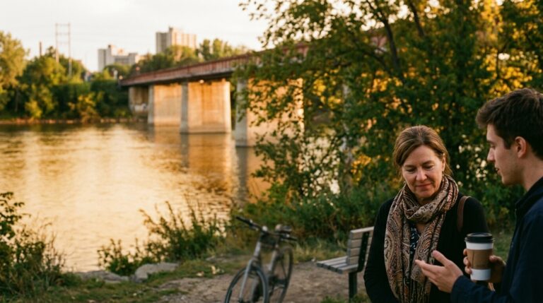 Two people talk beside a river and bridge in Manitoba, illustrating a PNP immigration news scene