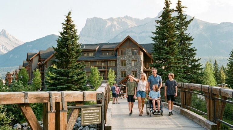 Family walks along an Alberta mountain boardwalk near resort buildings, illustrating Alberta PNP news