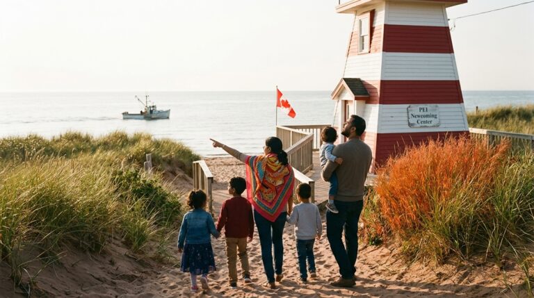 Family walks past a PEI PNP newcomer centre by the shore as a fishing boat moves offshore