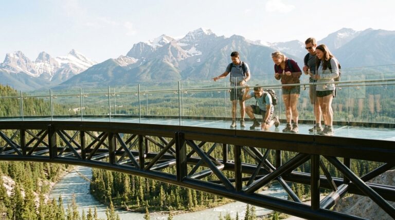 Visitors stand on a glass skywalk overlooking mountain peaks in Alberta during Express Entry news coverage
