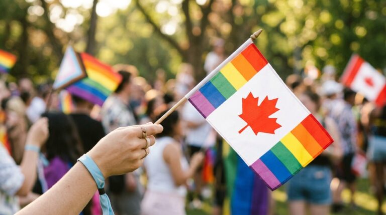 Person holds a rainbow Canadian flag at an LGBTQ pride gathering, illustrating Canadian citizenship news