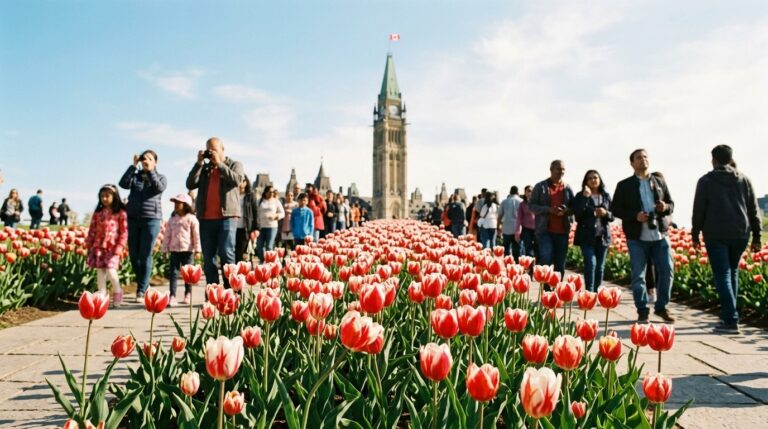 Visitors walk among tulips on Parliament Hill in Ottawa as temporary residents gather near the Peace Tower