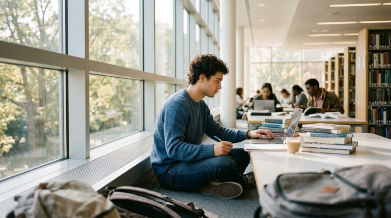 Student works on a laptop in a library with books, illustrating PGWP language test requirements