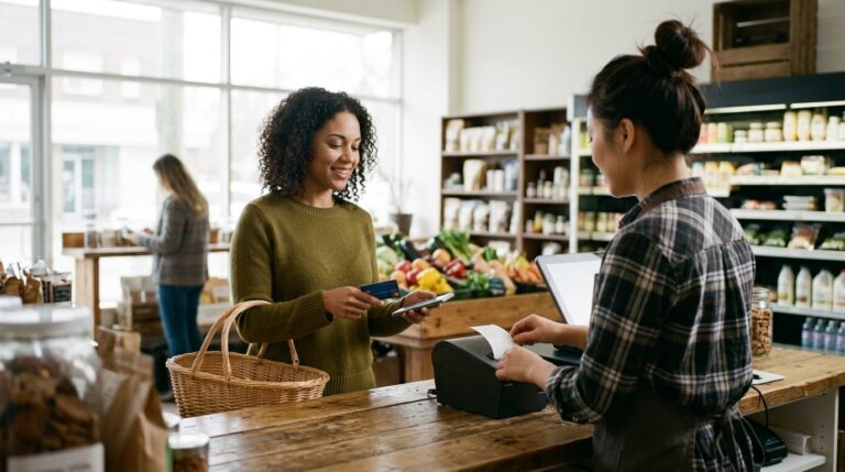 Student pays at a grocery checkout counter, illustrating off-campus work in Canada on a study permit