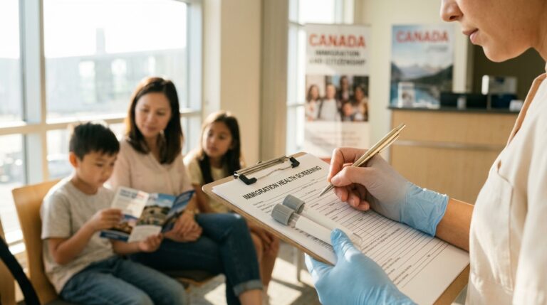 Family waits in an immigration office as a worker holds an IRCC health screening form and sample tube