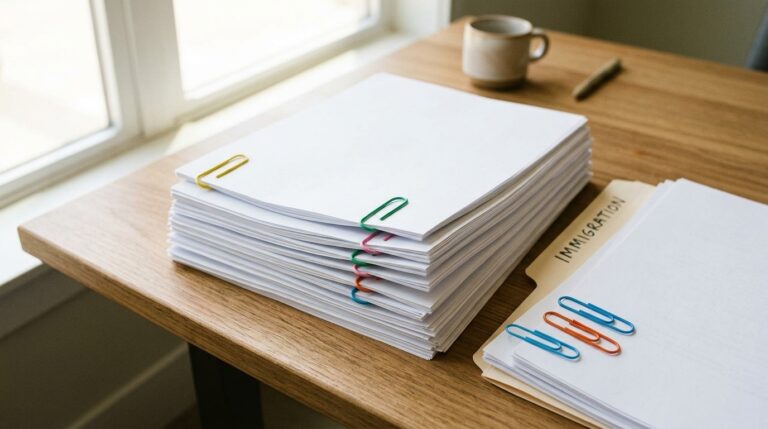 Stack of study permit application papers beside an immigration file folder on a desk by a window