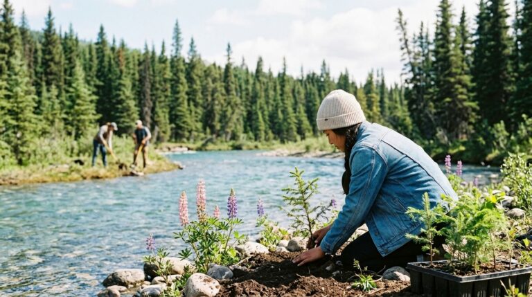 Person plants a tree by a river as volunteers work nearby in a Canadian landscape, Express Entry news