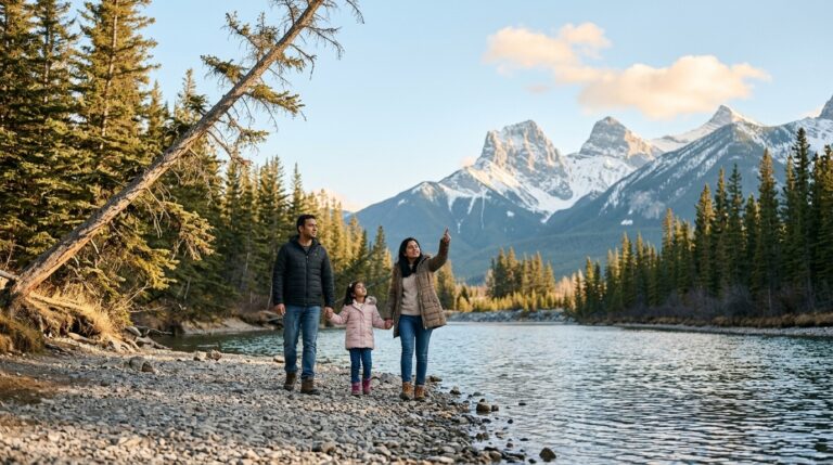 Family walks beside an Alberta mountain lake, illustrating newcomers in the province under AAIP news