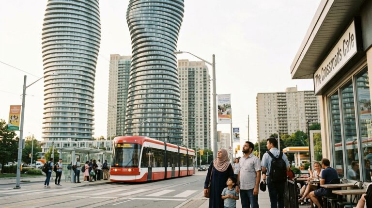 People stand near a city streetcar in Mississauga as Express Entry news highlights newcomers in Canada