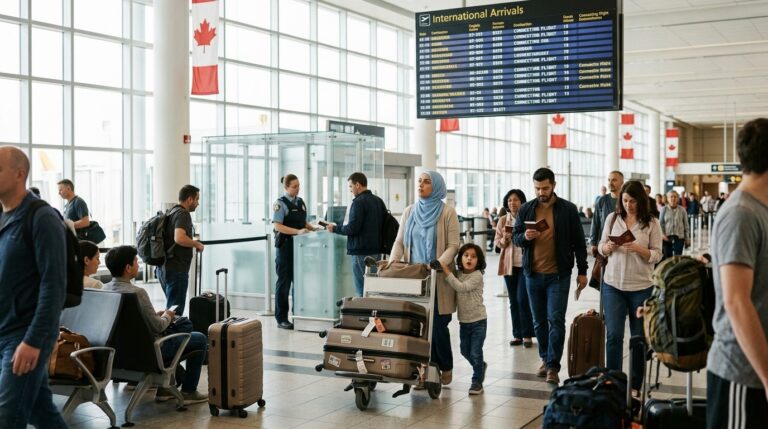 Travellers with passports and luggage pass a CBSA checkpoint in a Canadian airport arrivals hall