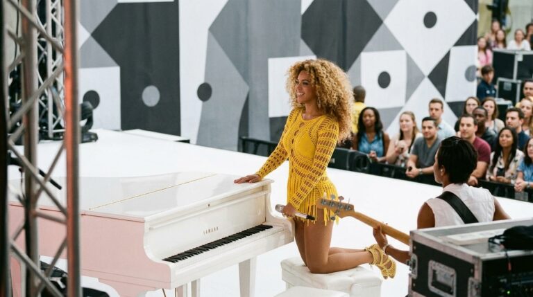 Performer kneels at a white piano onstage before a crowd at a Canadian citizenship event
