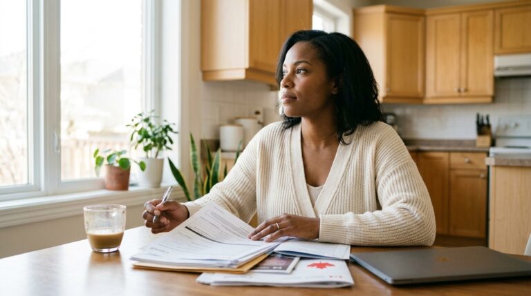Woman reviews permanent resident documents at a kitchen table in Canada, looking out a window