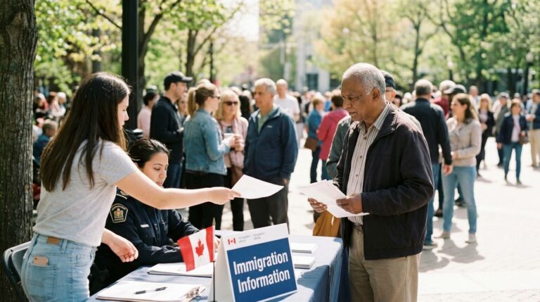 Applicants collect Express Entry information at an outdoor Canadian immigration help table