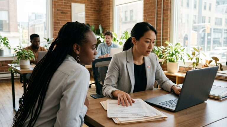 Worker reviews documents with an immigration adviser at a desk during a Canadian work permit consultation