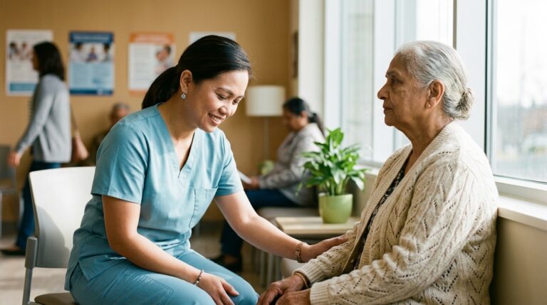Health worker speaks with an older woman in a clinic waiting area as Quebec work permit rules change