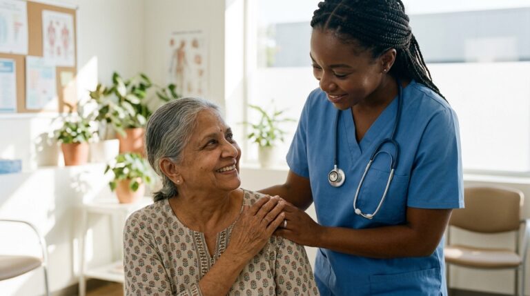 Health worker speaks with an older patient in a Quebec clinic as IRCC work permit rules change
