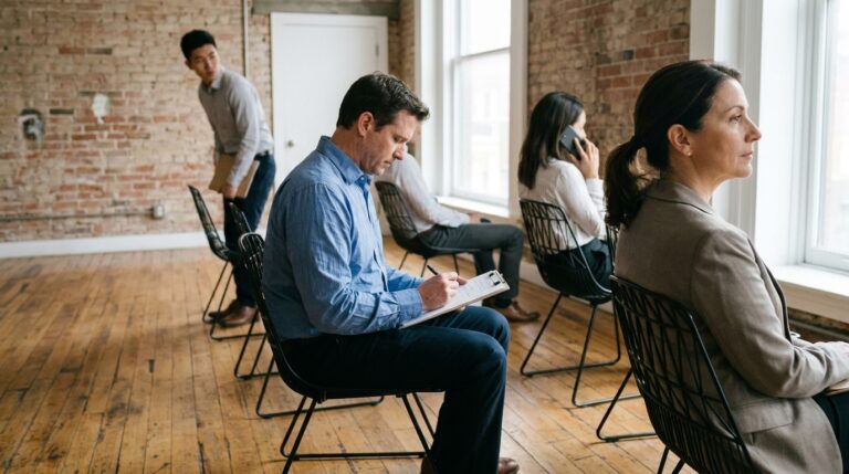Applicants wait in a reception room as one man fills out a work permit form by the window
