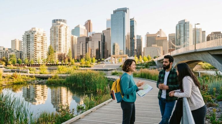 International students talk beside a riverside path in downtown Calgary, Alberta study permit scene
