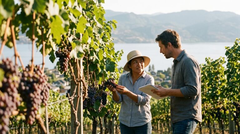 Two workers inspect grape vines in a BC vineyard, illustrating rural PNP employment in British Columbia