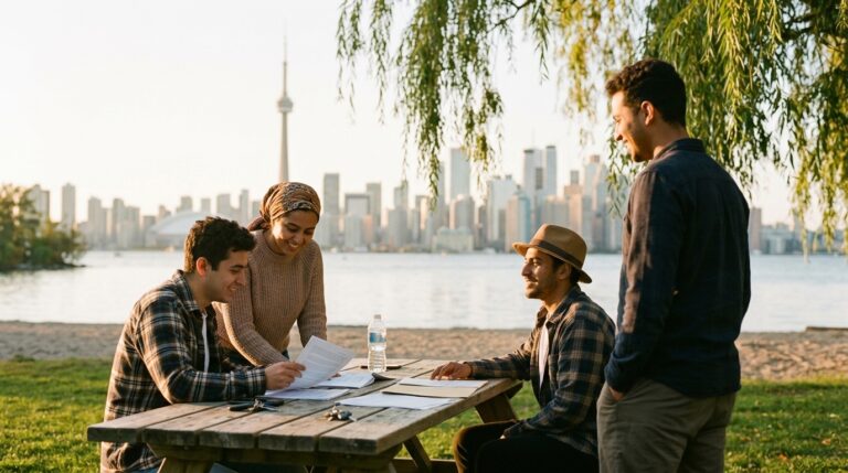 International students review study permit papers at a Toronto waterfront park with skyline in background