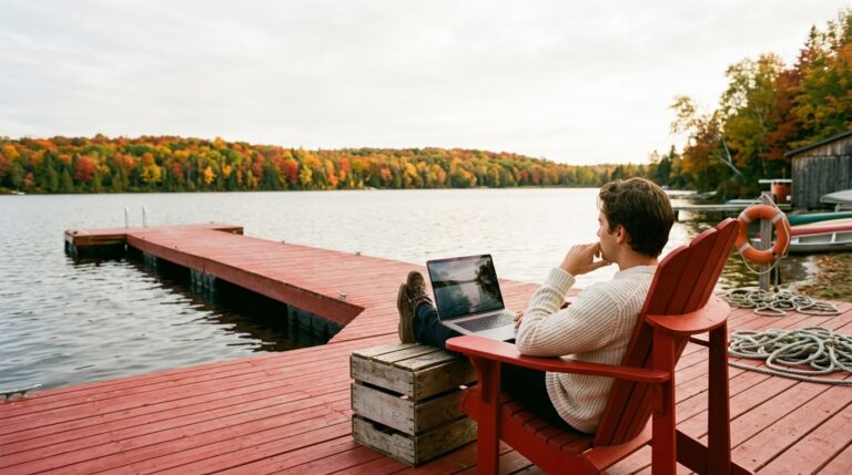 Person works on a laptop from a lakeside dock, illustrating Canadian citizenship research by descent