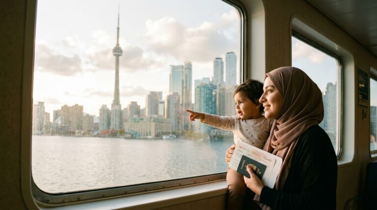 Woman and child with passports and papers look out at Toronto skyline, illustrating Ontario PNP news